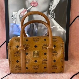 MCM Visetos Mini Boston in Cognac